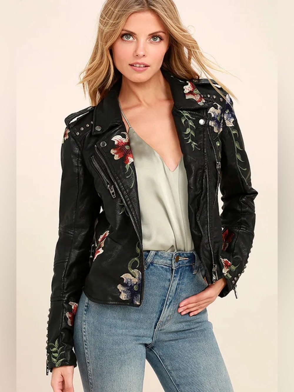 Blank NYC Black Embroidered Vegan Leather Moto Jacket size XS
